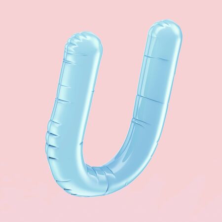 Baby blue balloon right tilt letter U isolated on pink background, 3d renderingの写真素材