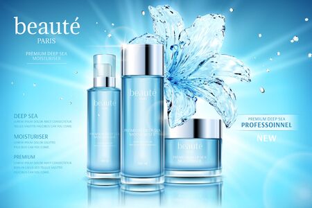 Moisturizing cosmetic set ads with transparent water lily on glittering blue background in 3d illustration, beauty and professional written in French textのイラスト素材