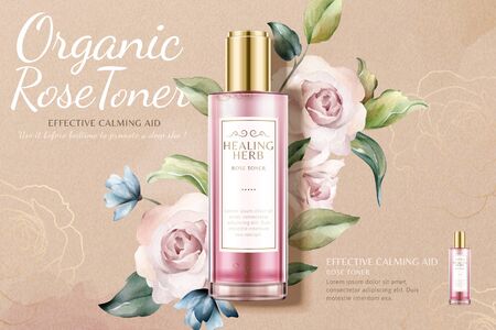 Healing herb rose toner ads laying on beautiful watercolor roses background in 3d illustrationのイラスト素材
