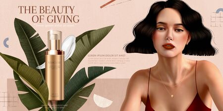 Skincare cream ads with short hair woman on geometric backgroundのイラスト素材