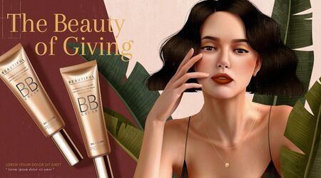 BB cream ads with brunette woman who wears spaghetti strap dress in 3d illustrationのイラスト素材