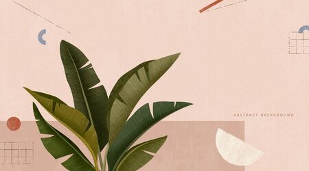 Tropical leafs on pink geometric background in 3d illustrationのイラスト素材