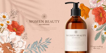 Promo banner for fragrant cleansing product mock-up, decorated with beautiful hand-drawn flowers and palm leaf shadow on peach pink background, 3d illustrationのイラスト素材