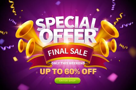 Special offer pop up ads with streamers flying out from trumpets and final sale written on red ribbon for publicity, glowing purple backgroundのイラスト素材