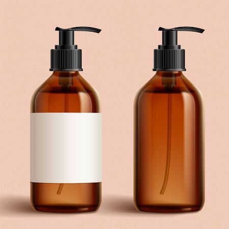 Realistic brown cosmetic bottles on peach pink background, one with white blank label and one without, 3d illustrationのイラスト素材