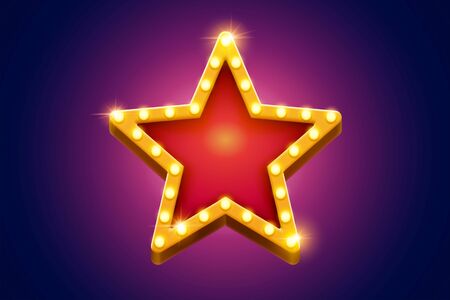 Retro marquee light red star decoration with yellow frame glowing on purple background, broadway styleのイラスト素材