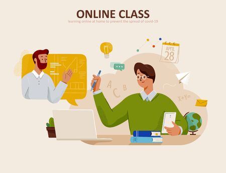 Young student is learning at home through laptop and smart phone, concept of online education and tutorial videoのイラスト素材