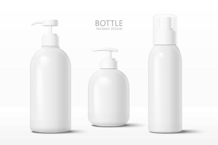 Set of blank cosmetic bottle mock-ups with pump cap, isolated on white background, 3d illustrationのイラスト素材