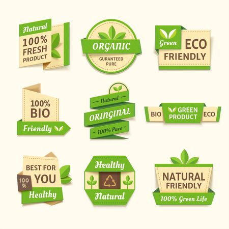 Useful collection of eco-friendly labels and emblems in paper cut design, isolated on ivory white backgroundのイラスト素材