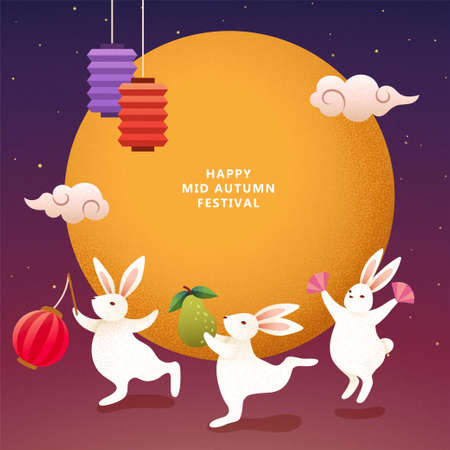 Playful rabbits dancing around the giant moon, illustration for celebrating Mid-Autumn Festival with noise textureのイラスト素材