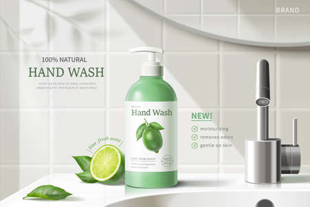Ad template for hand wash and liquid soap, with bottle mock-up set on ceramic sink, 3d illustrationのイラスト素材