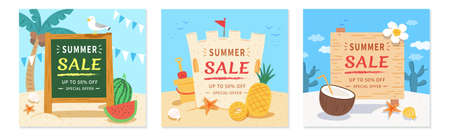 Summer sale cover template for social media and mobile app, concept of beach vacation in flat designのイラスト素材