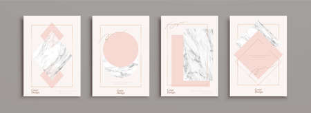 Cover template set, designed with marble stone texture and golden frame, for brochure, presentation, flyer and booklet cover useのイラスト素材