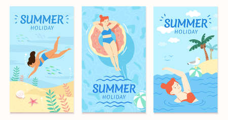 Summer sale cover template in flat style, concept of swimming at beach, for flyer, poster, web banner ad useのイラスト素材