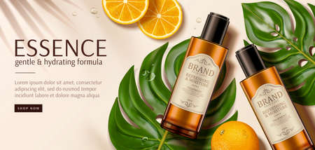 Banner ad for luxury beauty products, top view of cosmetic mock-ups set on monstera leaves with sliced tangerine, 3d illustrationのイラスト素材