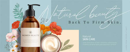 Ad banner for beauty products, mock-ups with hand drawn bouquets, concept of natural skincare, 3d illustrationのイラスト素材