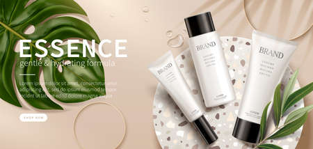 Banner ad for luxury beauty products, top view of cosmetic mock-ups set on terrazo disk with leaves and rings, 3d illustrationのイラスト素材