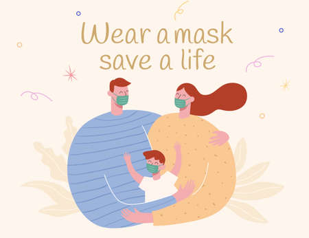 Cute family wearing face masks in flat design, concept of safe life, new normal and post COVID eraのイラスト素材