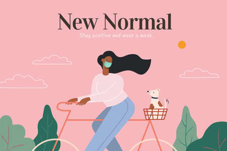 Wearing face masks becoming the new normal, concept of healthy life and post covid era, illustration in flat designのイラスト素材