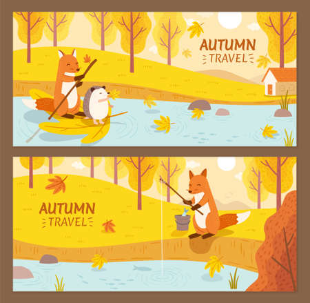 Set of hand drawn autumn banner, with cute animals travelling along the river in the forestのイラスト素材