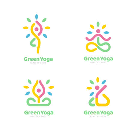 Set of yoga logo in colorful line art design, applicable to yoga, sport, and fitnessのイラスト素材