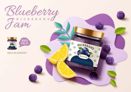 3d illustration of blueberry jam ad banner with blueberries, lemon and leaves on paper art backgroundのイラスト素材
