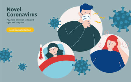 COVID-19 symptoms including cough, fever and feeling dizzy in flat styleのイラスト素材