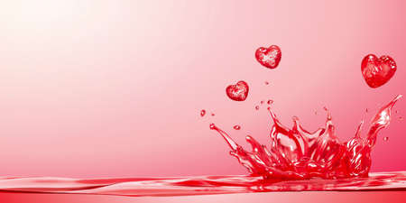 Pink water splashing with heart-shaped drops in 3d illustration, for background useのイラスト素材