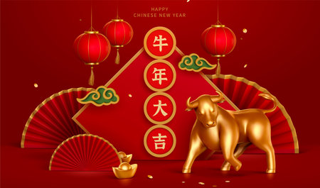 3d illustration of 2021 Chinese new year poster. Square couplet decorated with gold bull and paper fan. Translation: May the ox spirit bring you good fortuneのイラスト素材