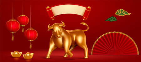 3d element set for 2021 Chinese new year, including gold bull, scroll, lanterns, paper fan, cloud pattern and gold ingotsのイラスト素材