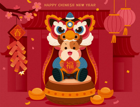 2021 CNY year of the ox greeting card. Cute baby cow wearing Chinese lion dance head costume and sitting in front of Chinese houses. Translation: Spring, Fortune.のイラスト素材