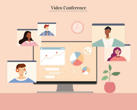Desktop screen showing chart and messages. Online meeting with team members or clients. Flat illustration, concept of home office, virtual workplace and work from home.のイラスト素材