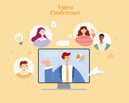 Businessman having video conferencing with team members via computer screen. Flat illustration, concept of online brainstorm, virtual workplace and webinar.のイラスト素材
