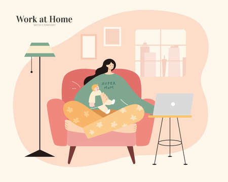 Asian mom with pajamas holding cute baby and using laptop on sofa. Flat illustration. Work from home, mother entrepreneur or freelancer concept.のイラスト素材