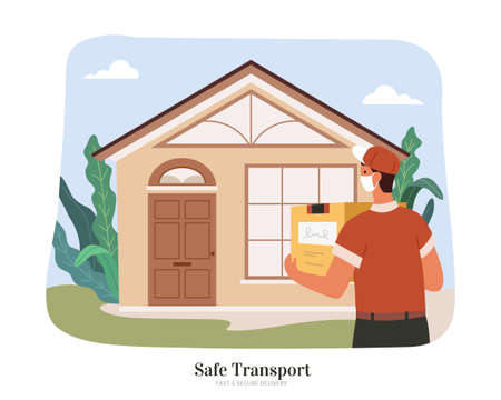Courier with uniform and face mask delivering a box package to home. Flat illustration. Concept of safe and clean deliveryのイラスト素材