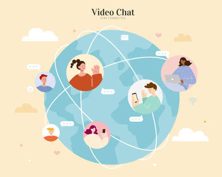 Video chatting with people from different locations on the earth to keep in touch and maintain communication. Flat illustration, concept of global network connection.のイラスト素材