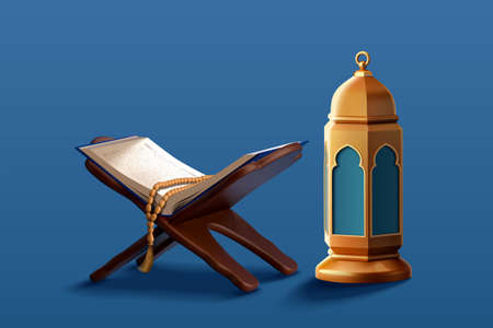 3d religion element collection of Islamic lantern fanoos and the holy Quran set on book holder with rosary. Suitable for Ramadan or Eid al Adha decoration.のイラスト素材