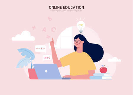 Young girl sitting at laptop and having an online class at home, concept of remote learning or tutorial in flat designのイラスト素材