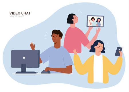 Flat design illustration of diverse group of friends having video chat from different devices