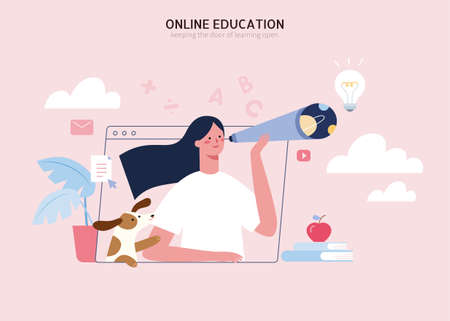 Online education and knowledge development concept, girl looking through a telescope with her pet dog standing byのイラスト素材