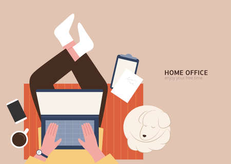 Man point of view, working on laptop with dog resting by. Home office concept flat illustration design.のイラスト素材
