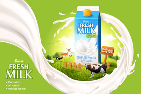 3d milk ad template for product display. Milk pack mock-up on a farm island surrounded by white splashing liquid.のイラスト素材
