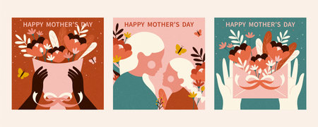 Set of Happy Mother's Day card template. Layout designed in retro minimal style. Background also suitable for birthday or women's day.のイラスト素材