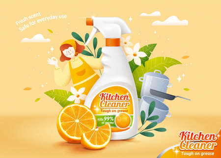 Natural citrus kitchen cleaner ad template design. Realistic spray bottle mock up and fresh orange slices with hand drawn illustrations of housemaid, flowers and kitchen utensils.のイラスト素材