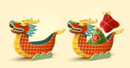 3d cartoon dragon boat toys isolated on light yellow background. One with perfume sachets and one without. Concept of iconic Chinese traditional water sport.のイラスト素材