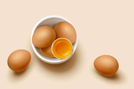 Overhead shot of a bowl of fresh brown eggs and two eggs lying beside. Food elements isolated on beige background.のイラスト素材