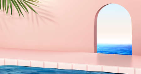 3d swimming pool scene design with arch portal toward the sea. Suitable for product display. Concept of relaxing spa at summer sunset.