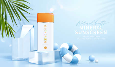 3d sunscreen bottle set on glass cube podium, decorated with swimming ring and tropical leaves....