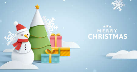 Merry Christmas banner in beautiful 3d paper art. Winter concept layout with snowman, Xmas tree and gifts in snow.のイラスト素材