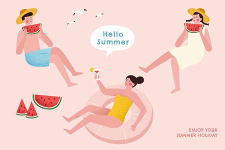 Young Asian people enjoying cocktail and watermelon in summer clothing. Hot summer party characters isolated on pink background.のイラスト素材